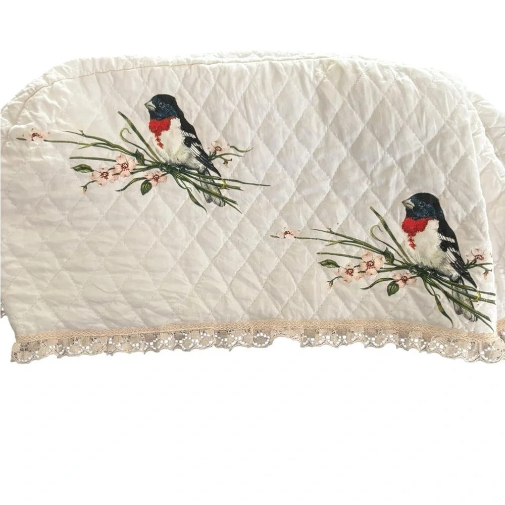 VTG Ivory White Quilted Toaster Cover Appliquéd Birds Lace Trim 12” Farmhouse